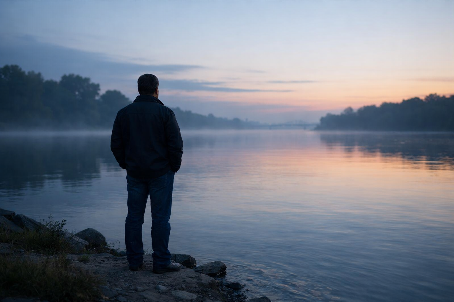 A person standing by a misty lake at dawn, representing the pain of ambiguous loss